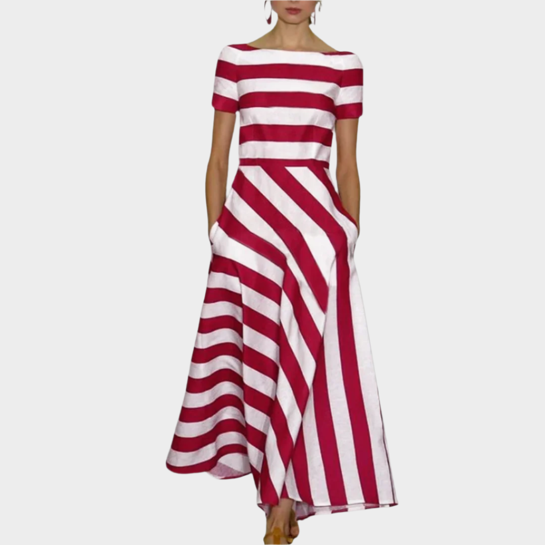 Elegant Long Dress with Stripes and Short Sleeves