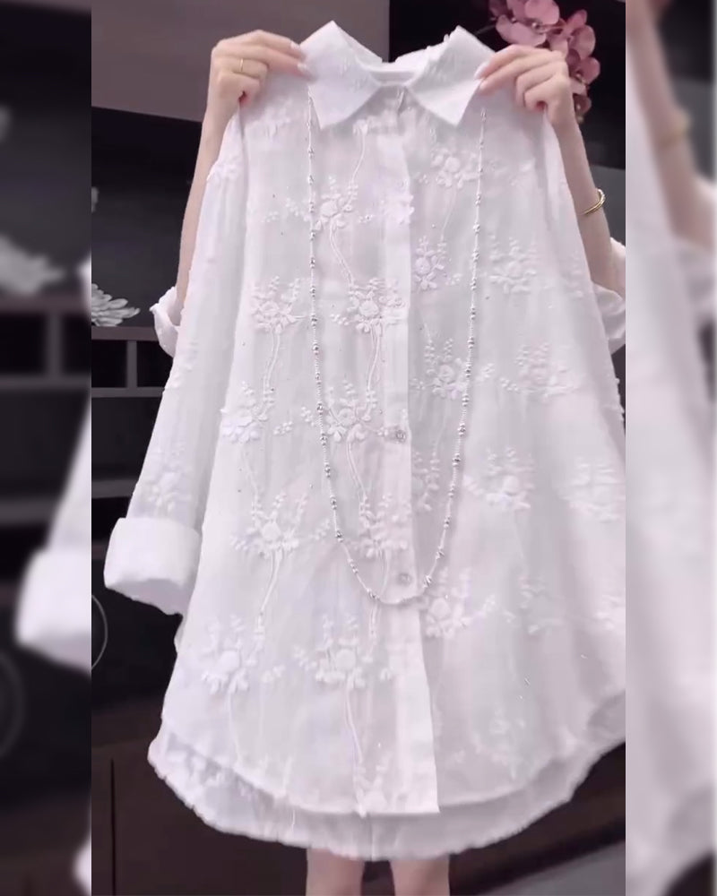 Ella - Embroidered Solid Color Shirt with Dropped Shoulders