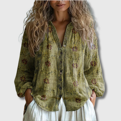 Deluna™ - Vintage Blouse With Leaf Print