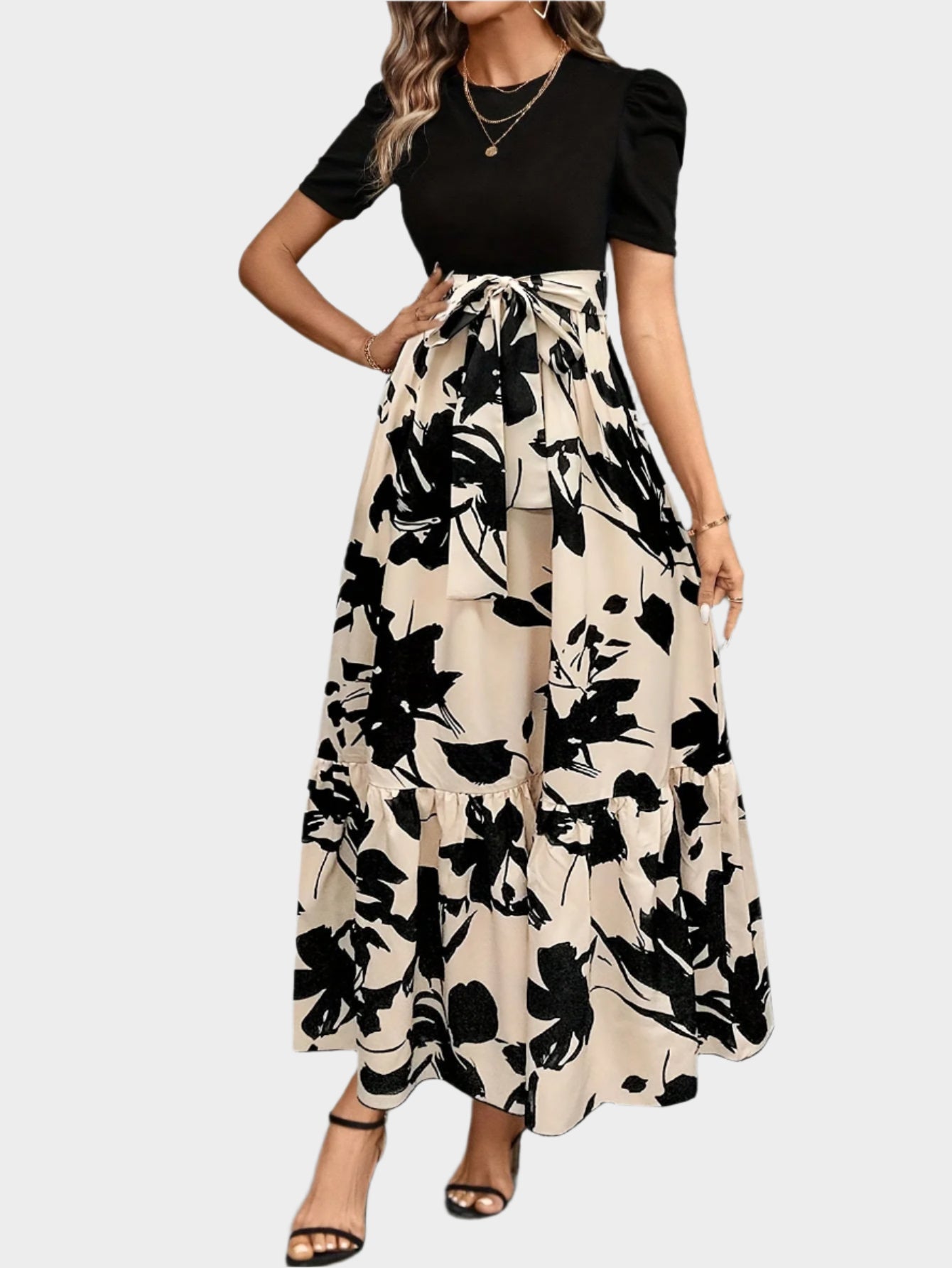 Floral Dress with High Waist and Striped Patterns