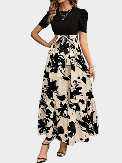 Floral Dress with High Waist and Striped Patterns