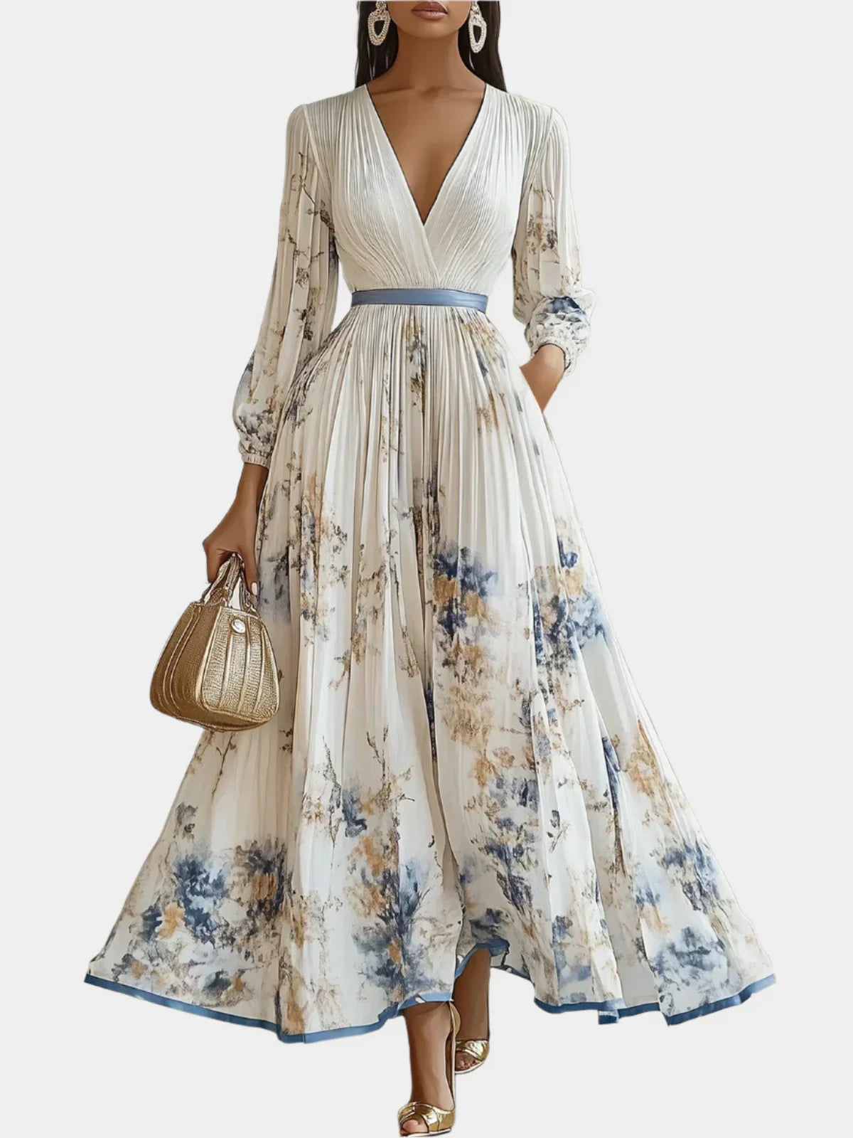 Long Dress with Puff Sleeves and V-Neck