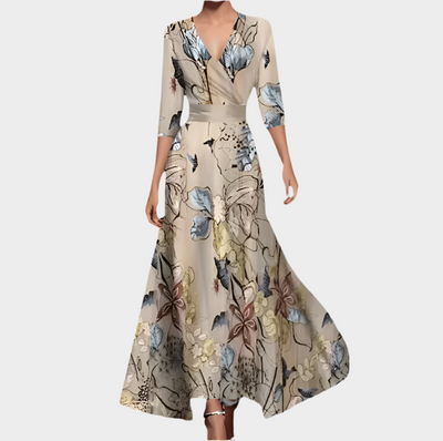 Long Dress with Flowers and V-Neck