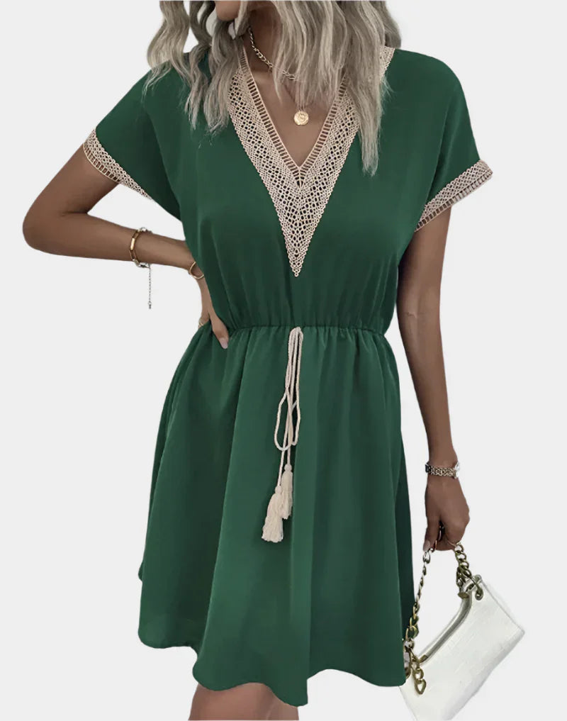 Romantic Boho Dress with Belt and V-Neck