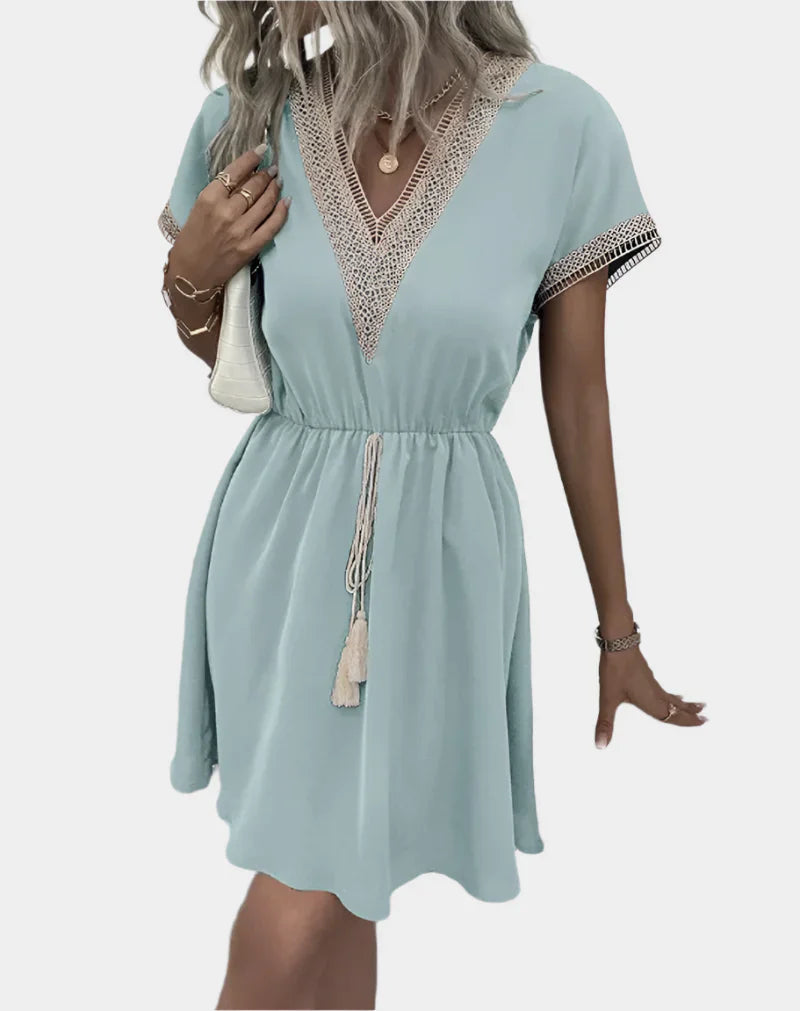 Romantic Boho Dress with Belt and V-Neck