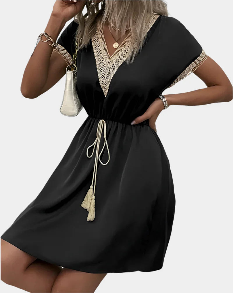 Romantic Boho Dress with Belt and V-Neck